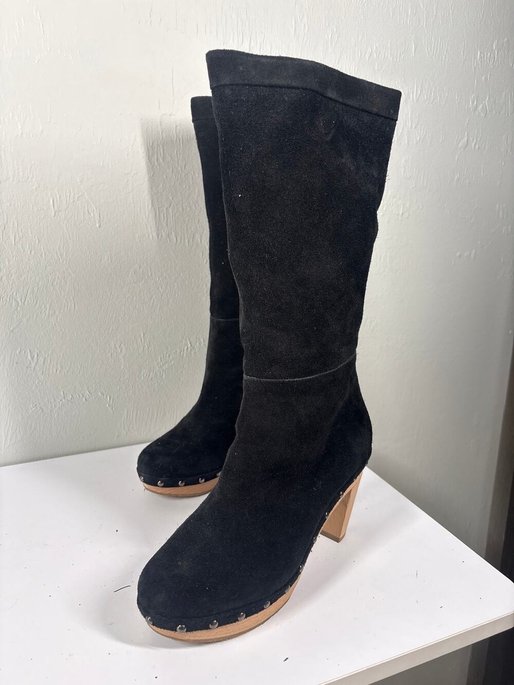 Banana Republic Knee High Boots 7.5M Black Wood Clog Heel Studded Pull-On Suede